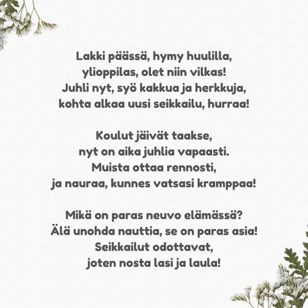 hauska runo ylioppilaalle